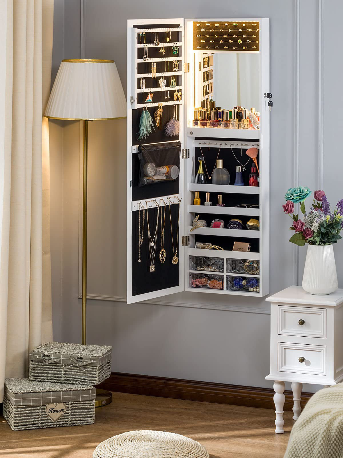 Hokku Designs Mirror Jewelry Cabinet 79 LED Lights Wall Mount Door Hanging Armoire Lockable Storage Organizer W Drawers White Wayfair